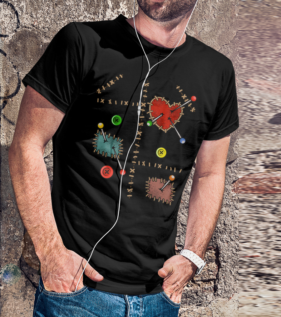 Voodoo Doll Halloween Costume Creepy Heart Patches Pins Buttons Stitches T-Shirt