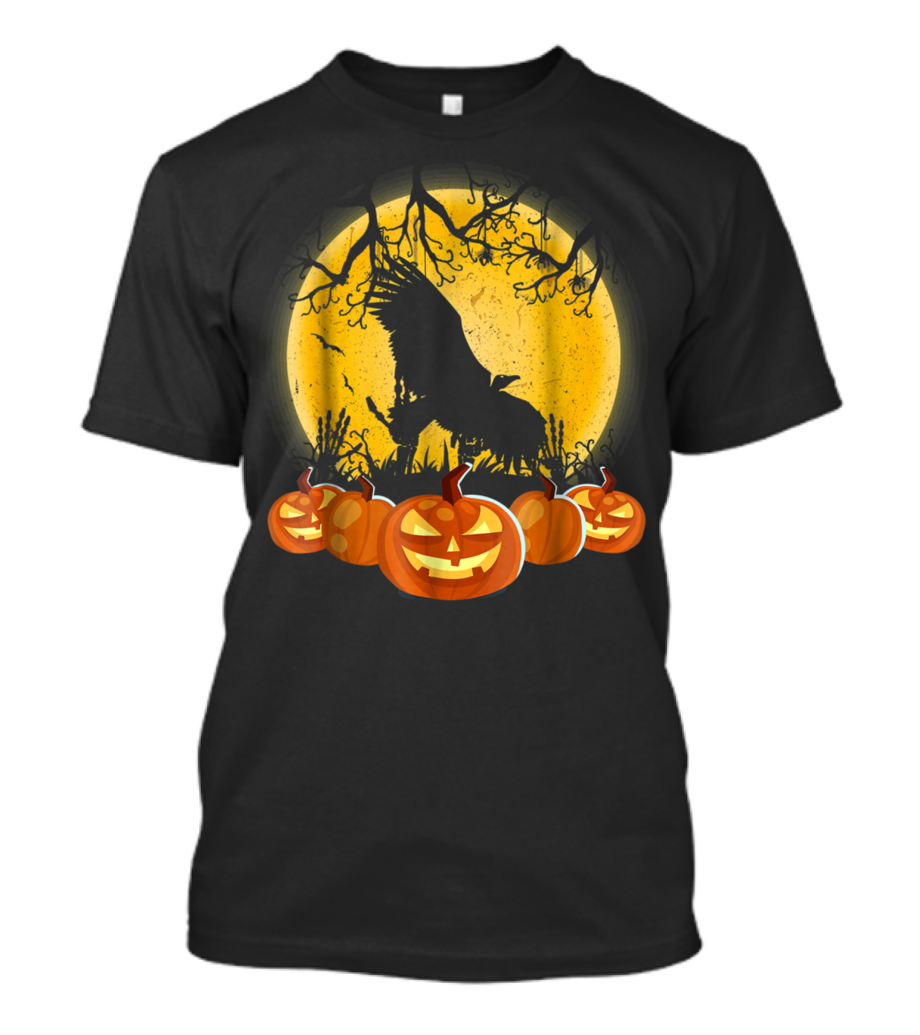 Vulture Silhouette In Spooky Pumpkin Patch Under Full Moon T-Shirt