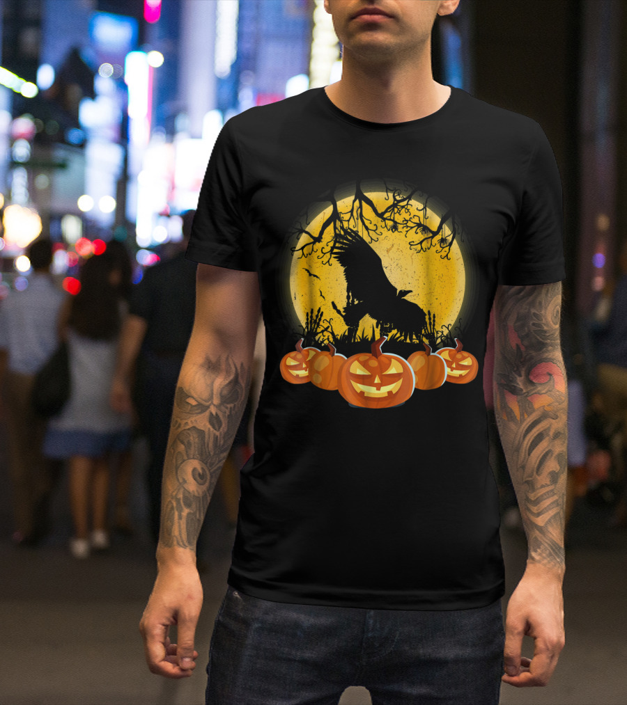 Vulture Silhouette In Spooky Pumpkin Patch Under Full Moon T-Shirt
