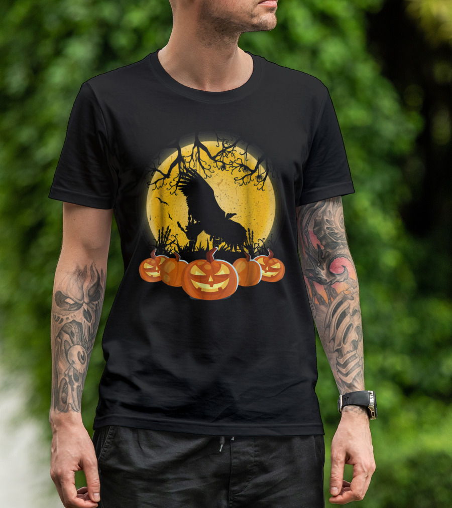 Vulture Silhouette In Spooky Pumpkin Patch Under Full Moon T-Shirt