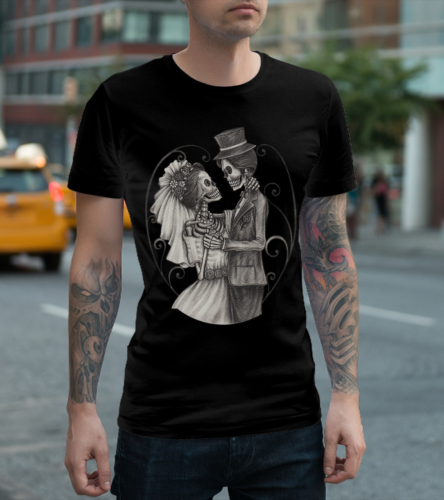 Wedding Day Of The Dead Dia De Los Muertos Halloween Skeleton Couple T-Shirt