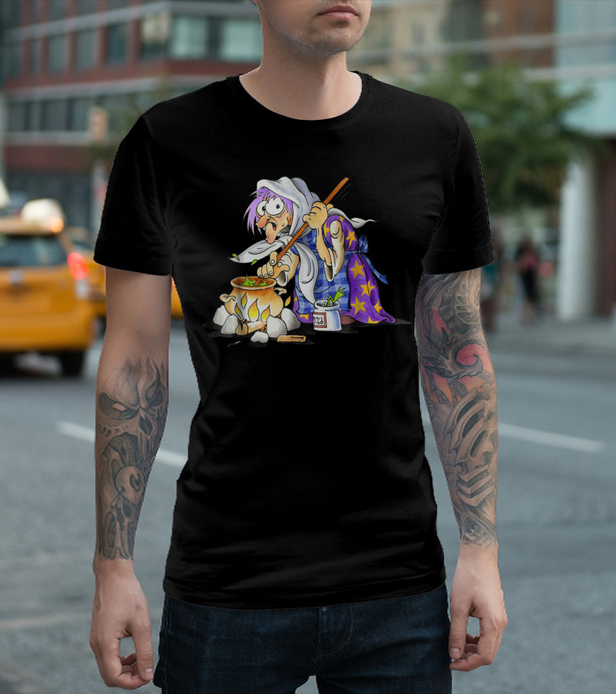 Witch Cooking in Starry Robe with Cauldron and Potion T-Shirt