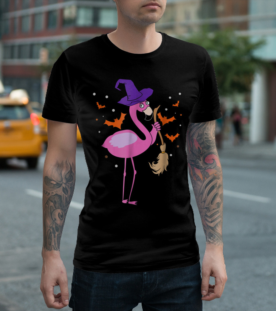 Witch Hat Pink Flamingo Holding Funny Broom with Halloween Bats T-Shirt