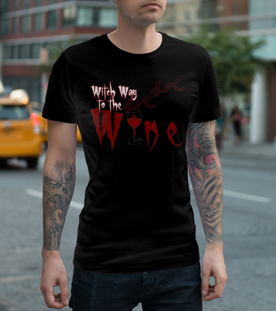 Witch Way To The Wine With Halloween Bats And Glass T-Shirt