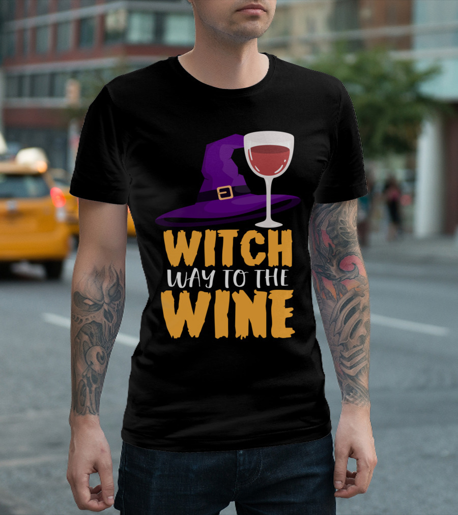Witch Hat Purple Wine Glass Halloween Fun T-Shirt