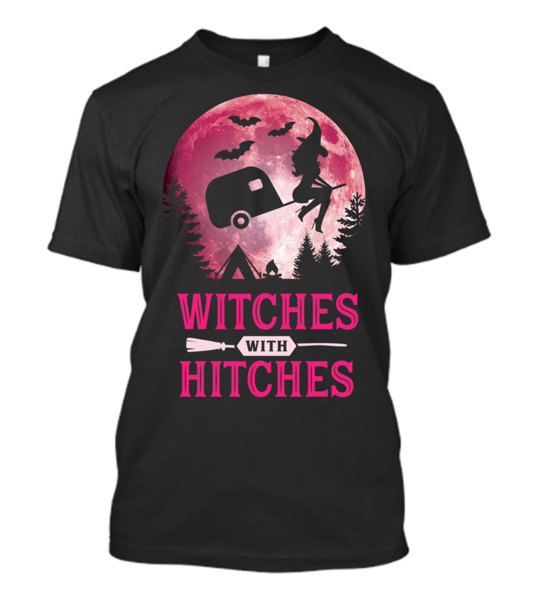 Witches With Hitches Funny Halloween Camping Moon Bats Trailer T-Shirt