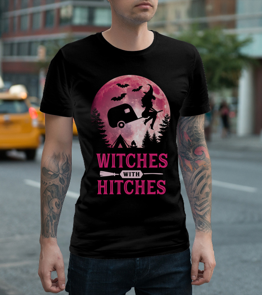 Witches With Hitches Funny Halloween Camping Moon Bats Trailer T-Shirt