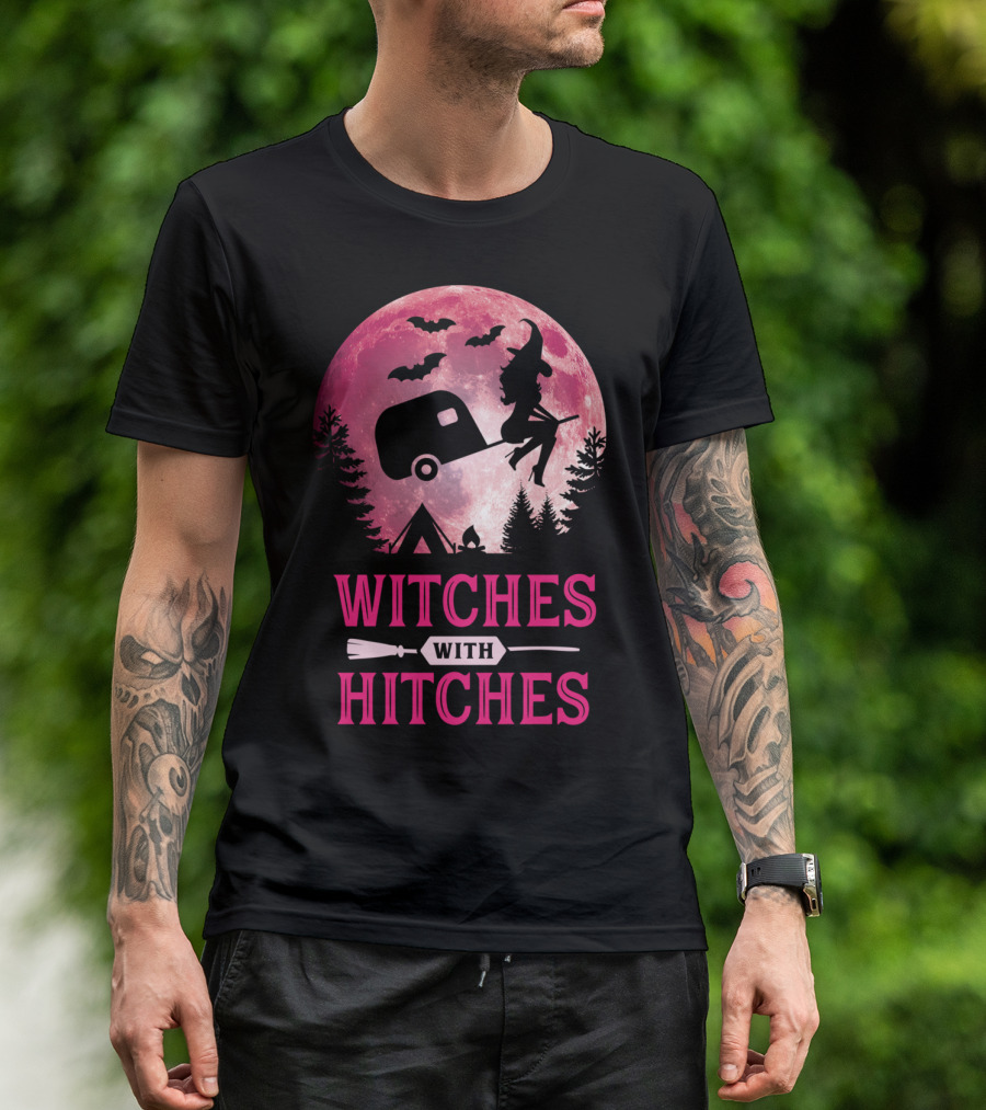 Witches With Hitches Funny Halloween Camping Moon Bats Trailer T-Shirt