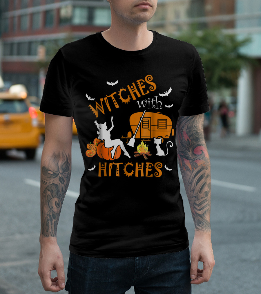 Witches With Hitches Pumpkins Fire Cat Broom Bats Camper T-Shirt