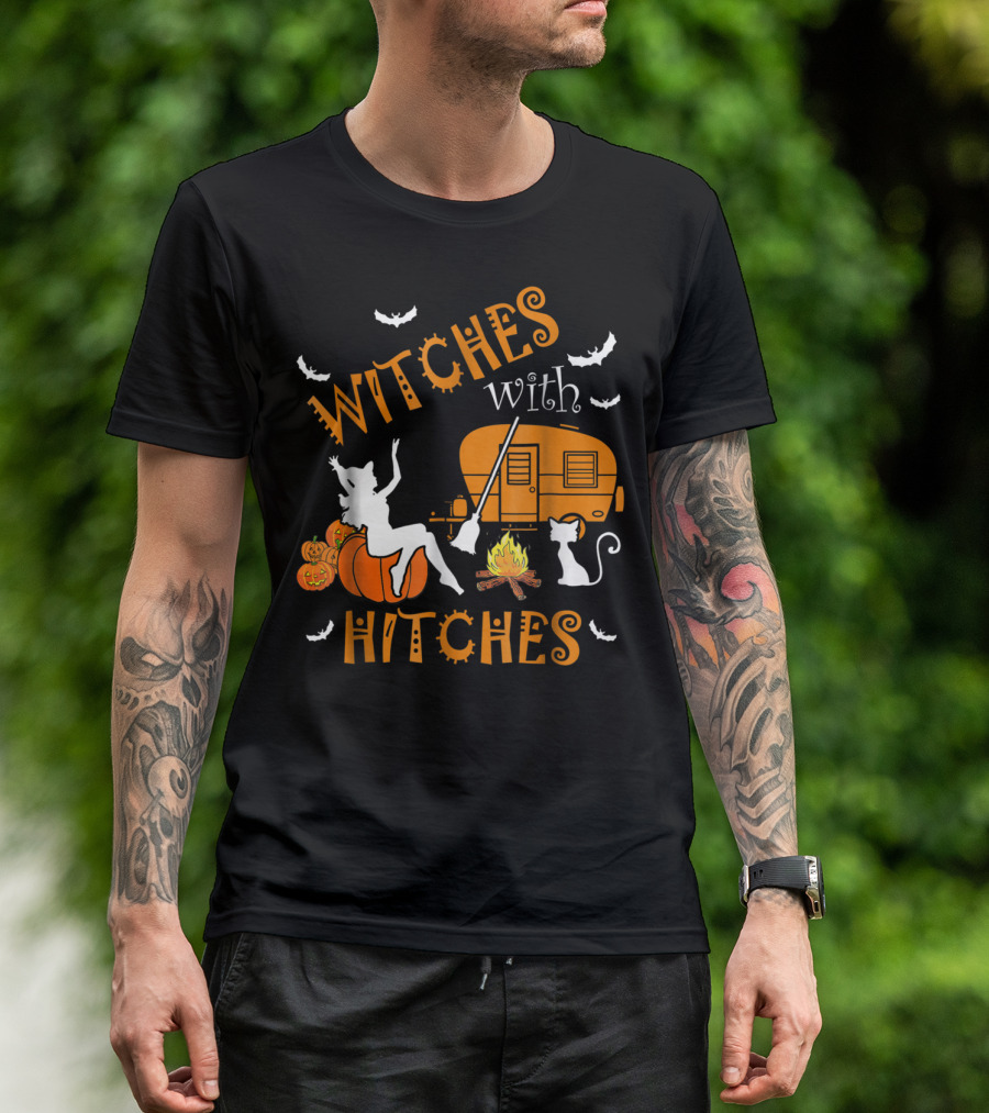 Witches With Hitches Pumpkins Fire Cat Broom Bats Camper T-Shirt