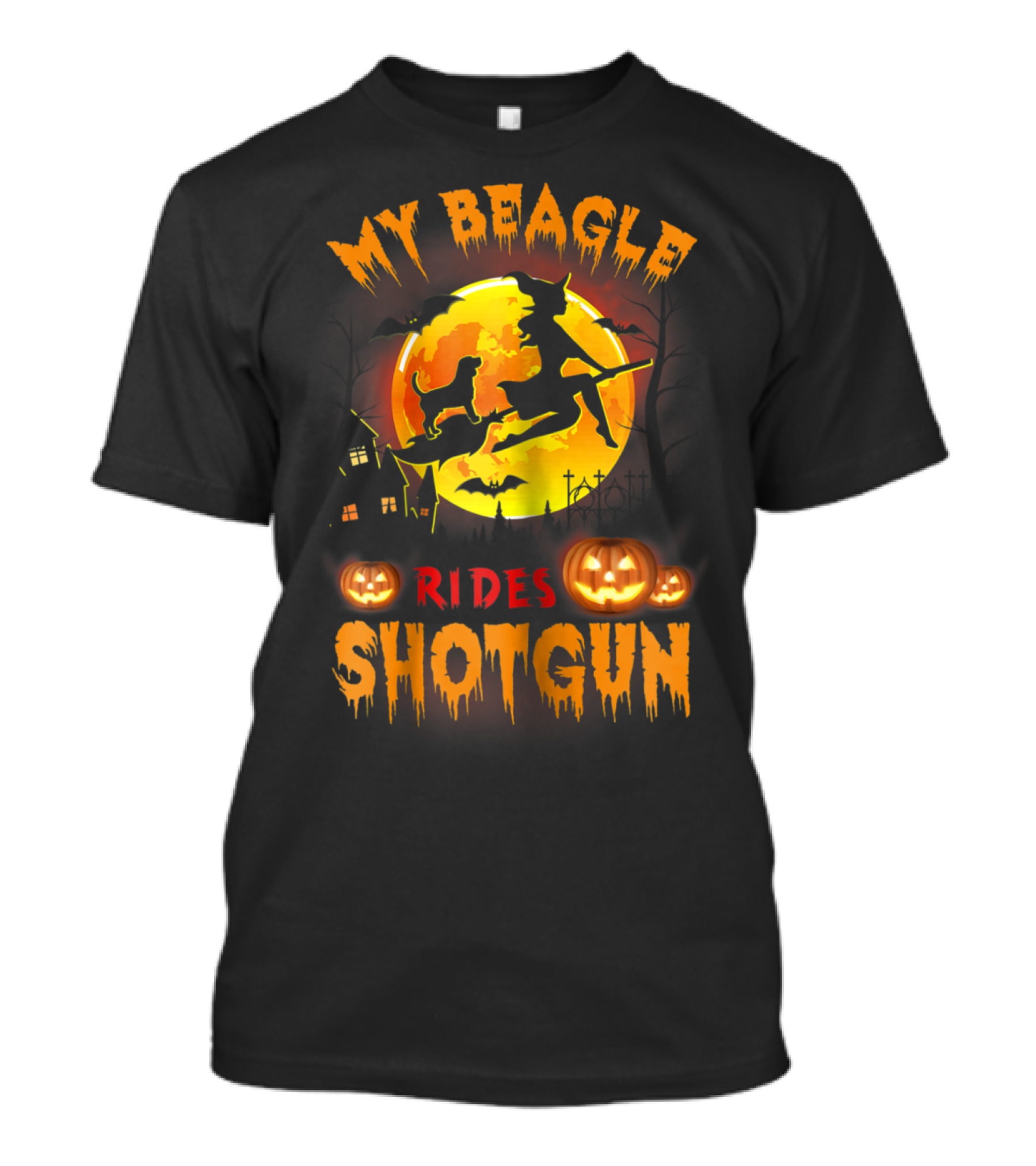 My Beagle Rides Shotgun Halloween Witch Silhouette Moon Background T-Shirt