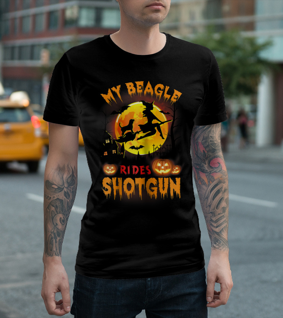 My Beagle Rides Shotgun Halloween Witch Silhouette Moon Background T-Shirt