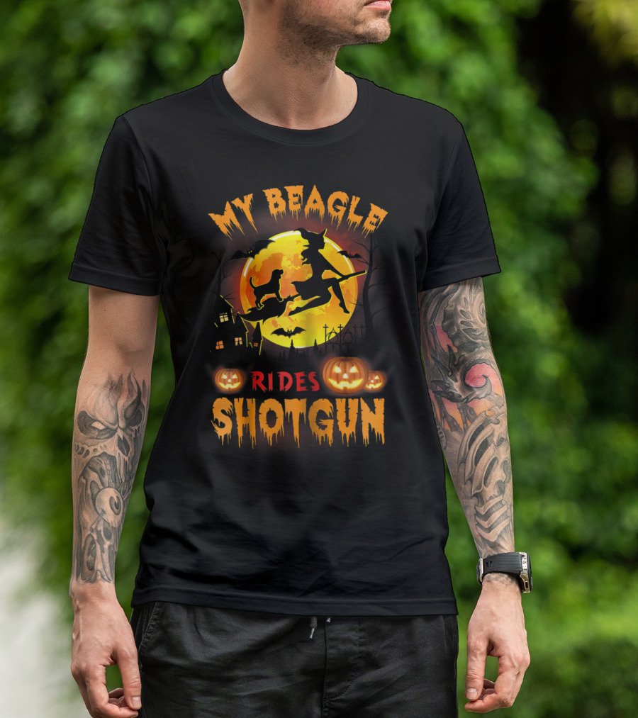 My Beagle Rides Shotgun Halloween Witch Silhouette Moon Background T-Shirt