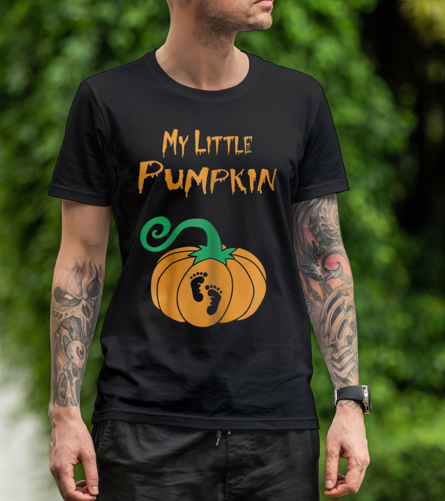 My Little Pumpkin Pregnancy Footprints On Orange Pumpkin T-Shirt