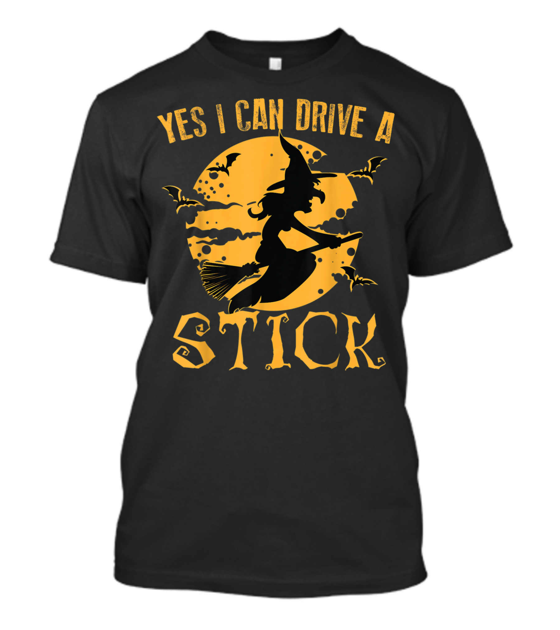 Yes I Can Drive A Stick Witch Riding Broom Halloween Moon Bats T-Shirt