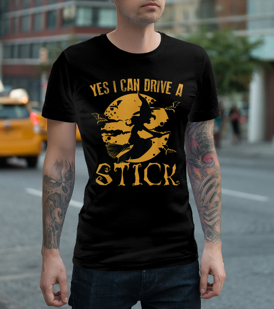 Yes I Can Drive A Stick Witch Riding Broom Halloween Moon Bats T-Shirt