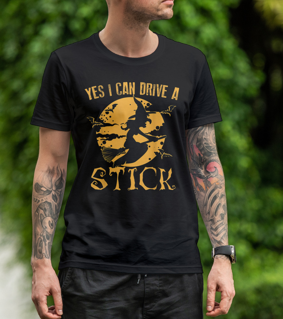 Yes I Can Drive A Stick Witch Riding Broom Halloween Moon Bats T-Shirt