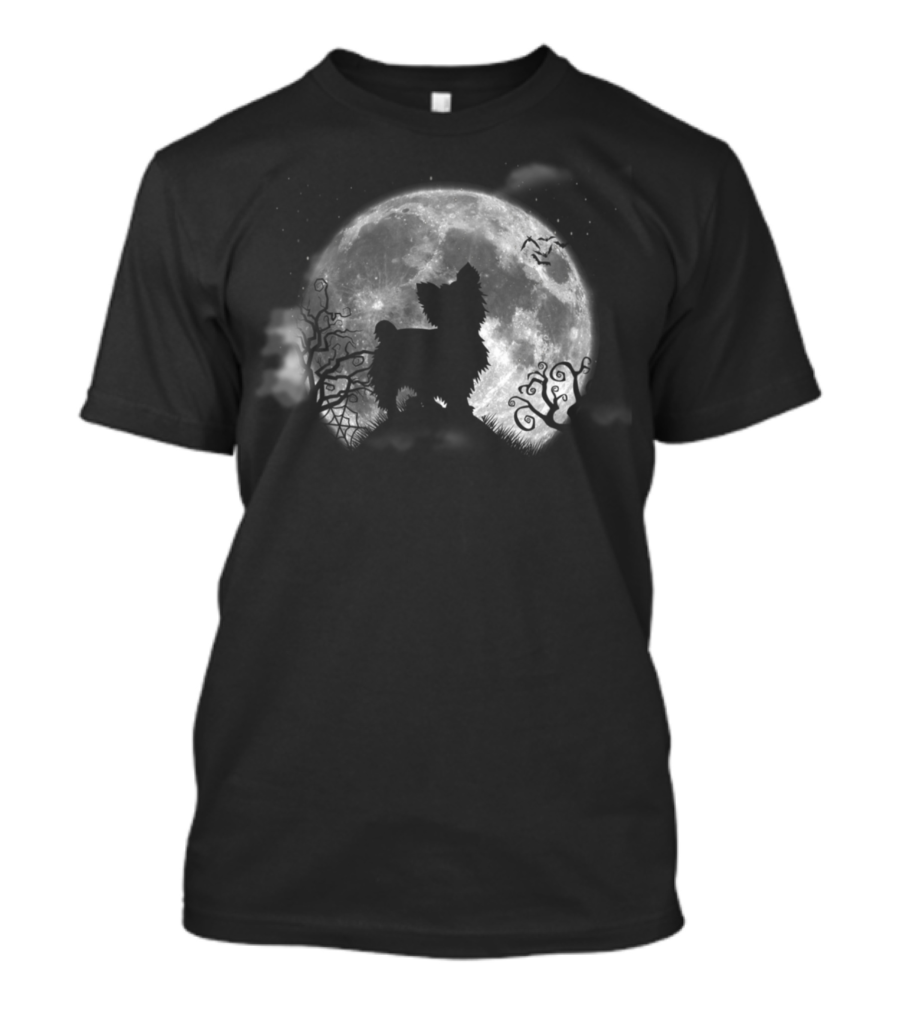 Yorkshire Terrier Silhouette Against Full Moon With Twisted Trees And Bats T-Shirt