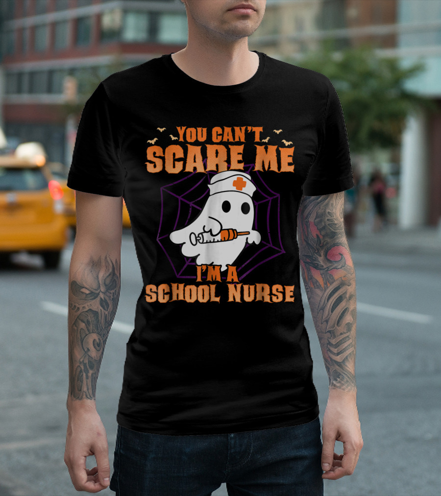 You Can't Scare Me I'm A School Nurse Ghost With Syringe And Spider Web T-Shirt