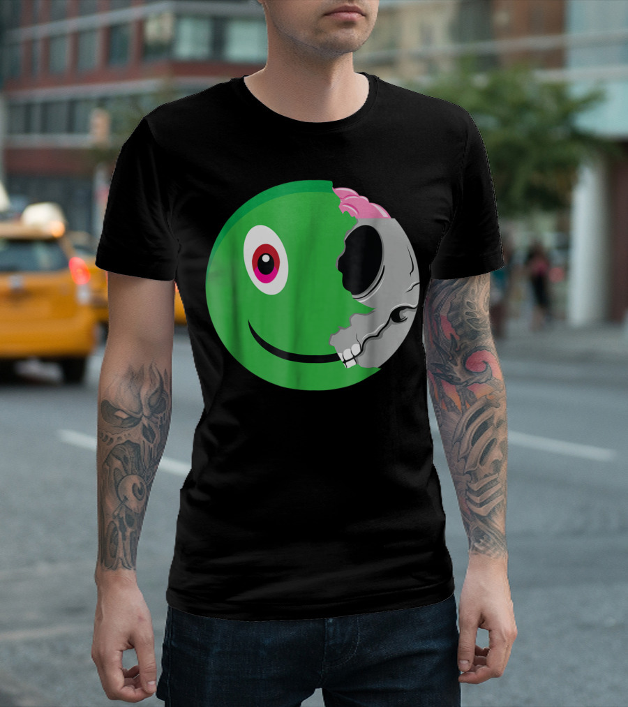 Zombie Emoji Half Skull Face Emoticon T-Shirt