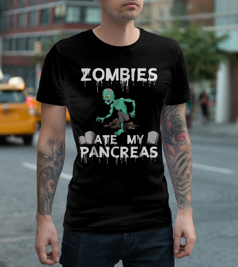 Zombies Ate My Pancreas Creepy Cartoon Undead Character with Gravestones T-Shirt