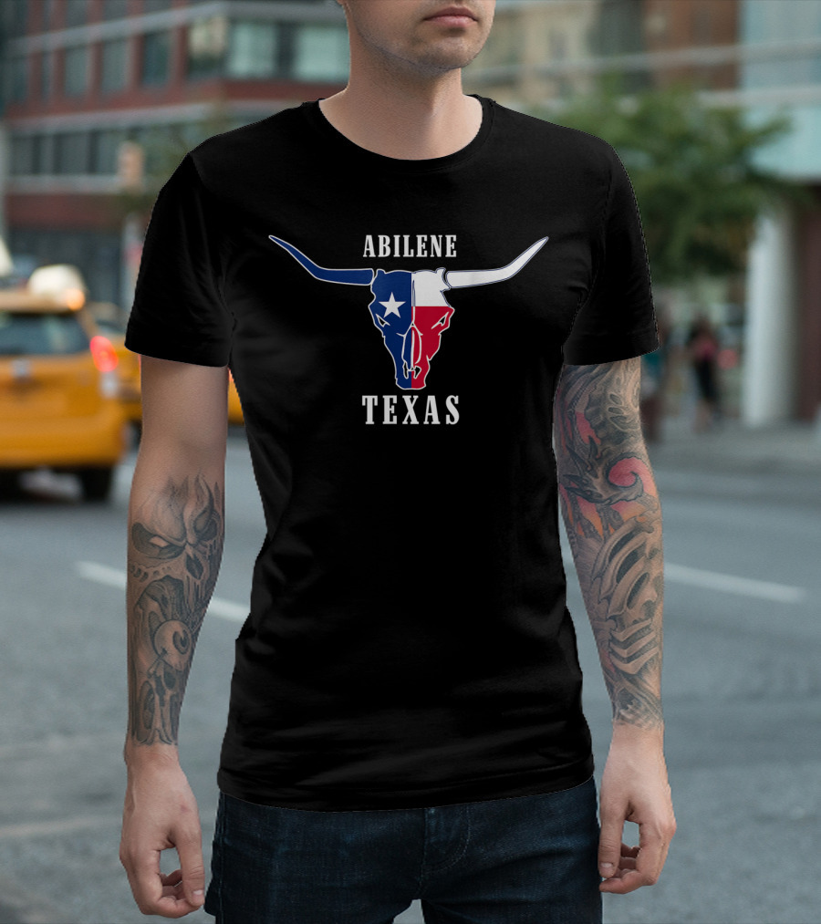 Abilene Texas Longhorn Skull with Lone Star Flag T-Shirt