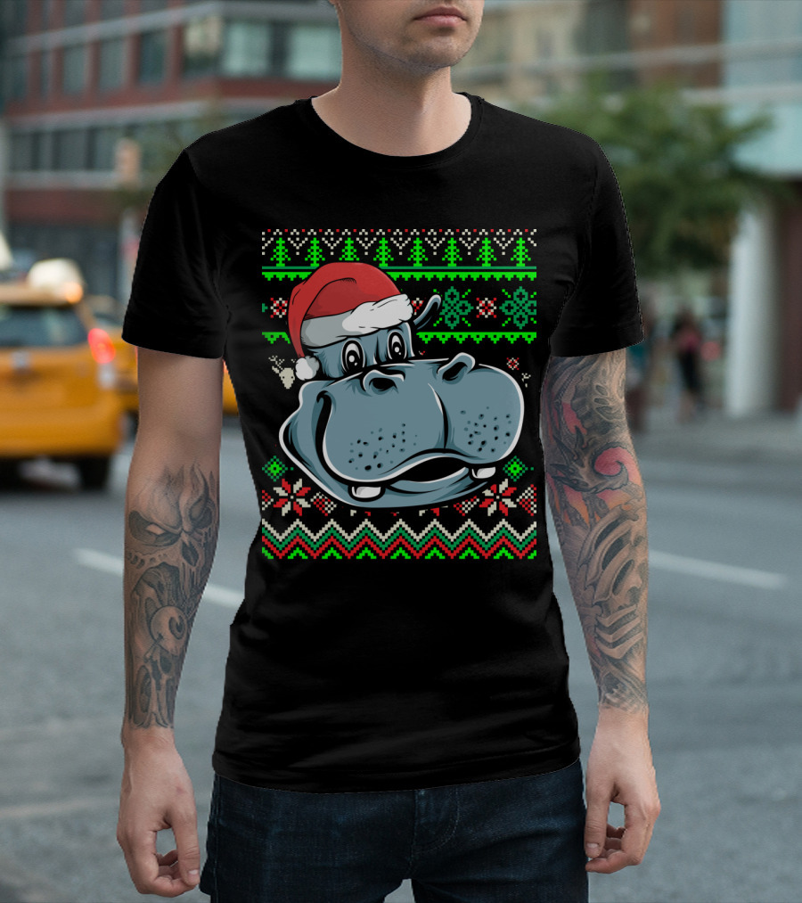 Ugly Christmas Hippo Africa Zoo Animal with Santa Hat and Festive T-Shirt