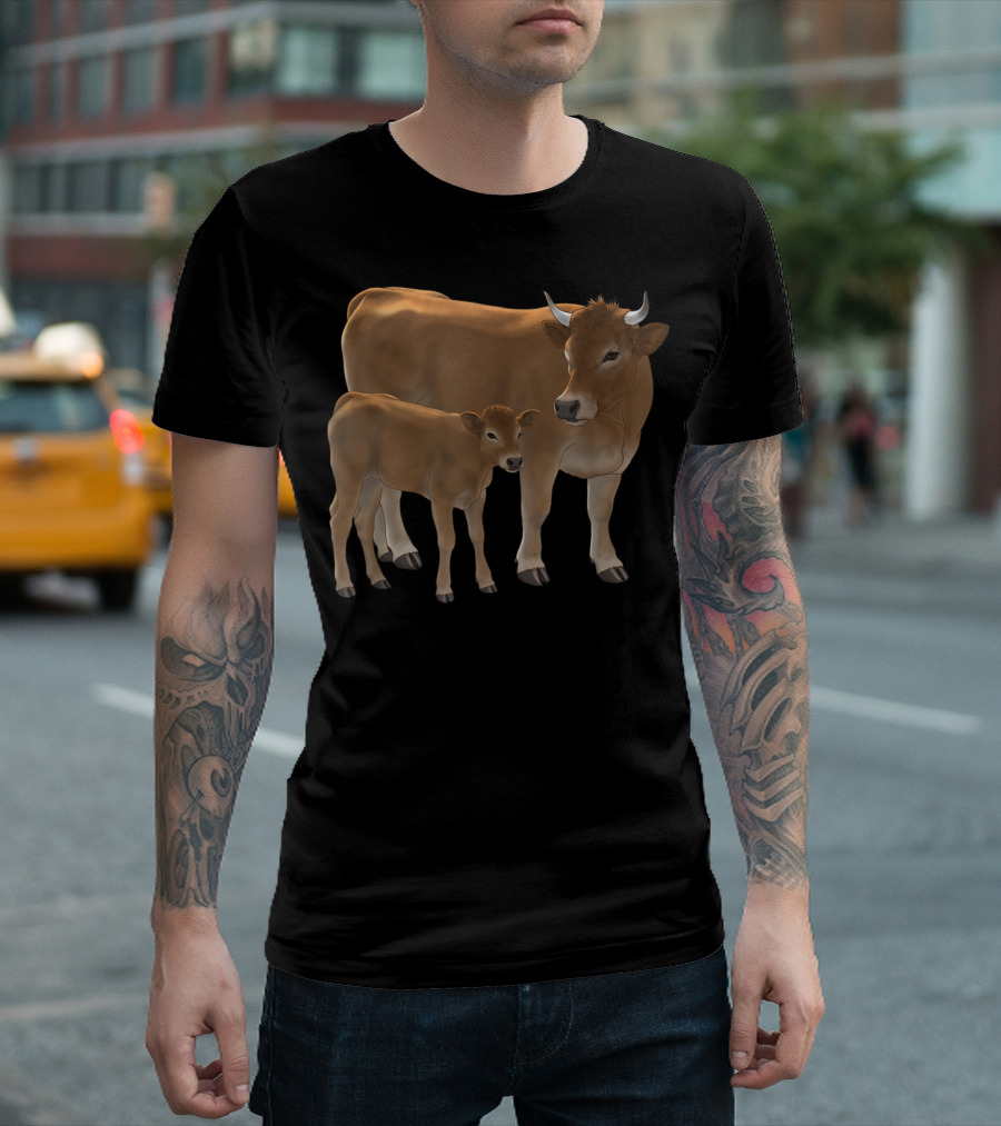 Aubrac Or Jersey Brown Cow And Cute Calf Cattle T-Shirt