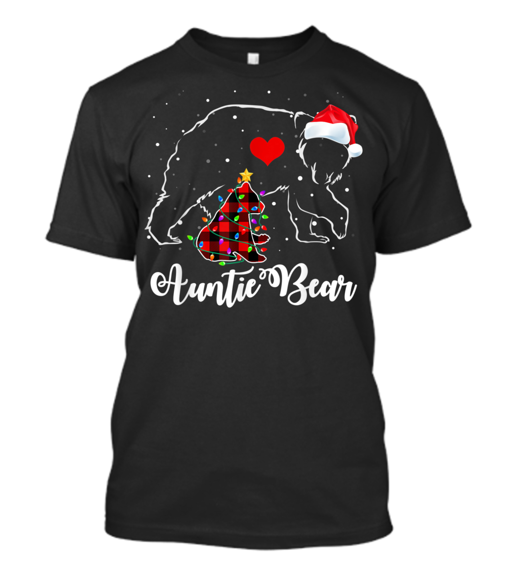 Auntie Bear Red Plaid Christmas Tree Santa Hat Heart T-Shirt