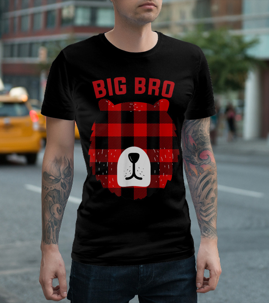 Big Bro Bear Red Plaid Buffalo Check Face T-Shirt