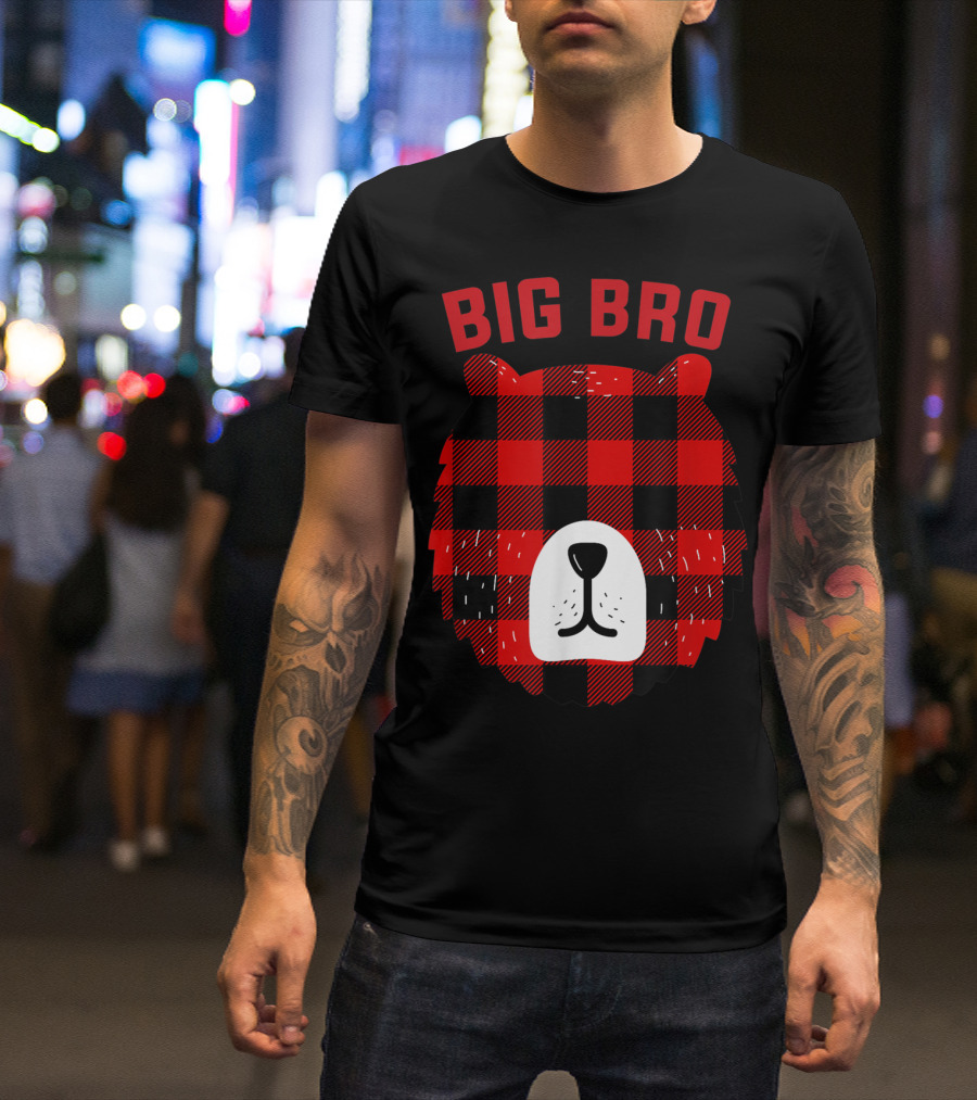 Big Bro Bear Red Plaid Buffalo Check Face T-Shirt