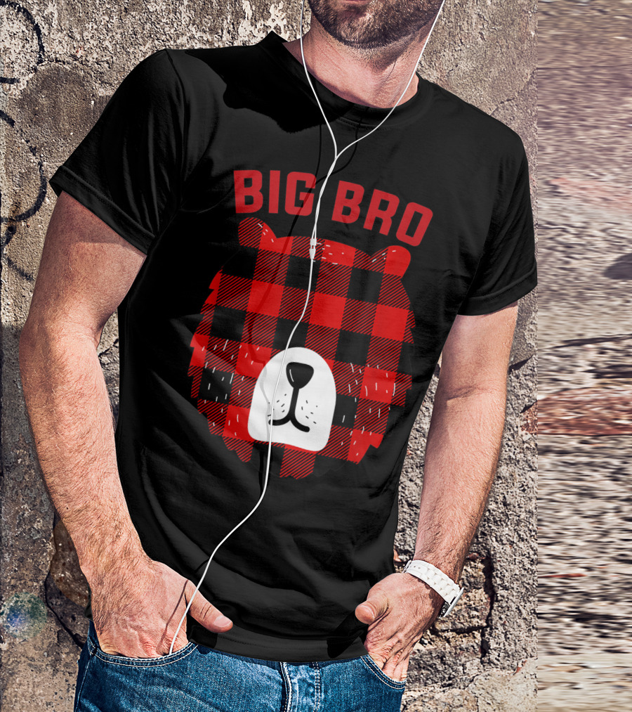 Big Bro Bear Red Plaid Buffalo Check Face T-Shirt