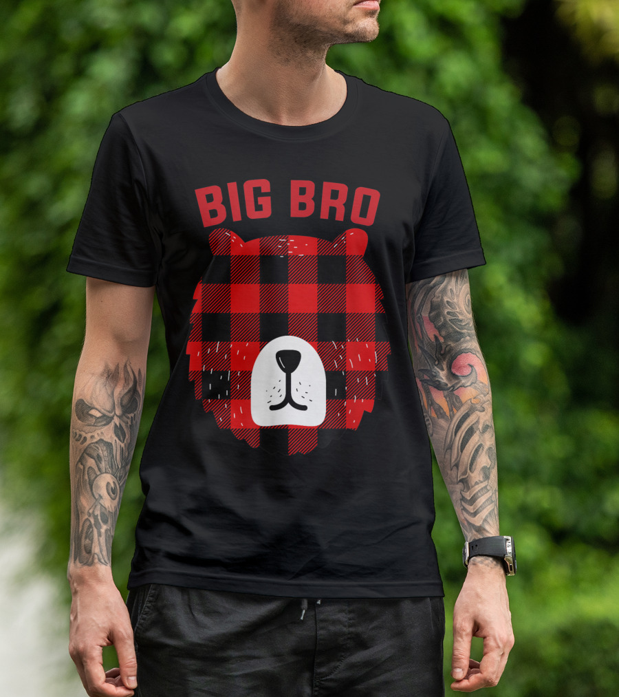 Big Bro Bear Red Plaid Buffalo Check Face T-Shirt