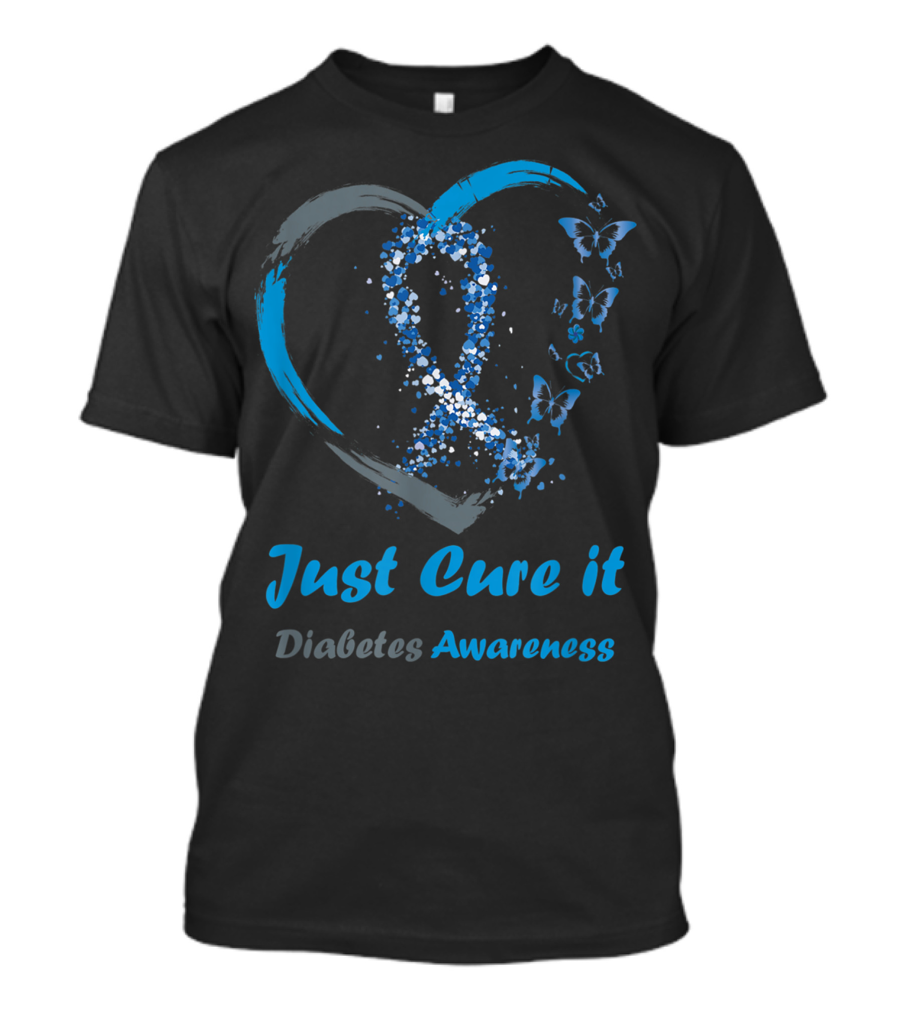 Just Cure It Diabetes Awareness Blue Ribbon Heart With Butterflies T-Shirt