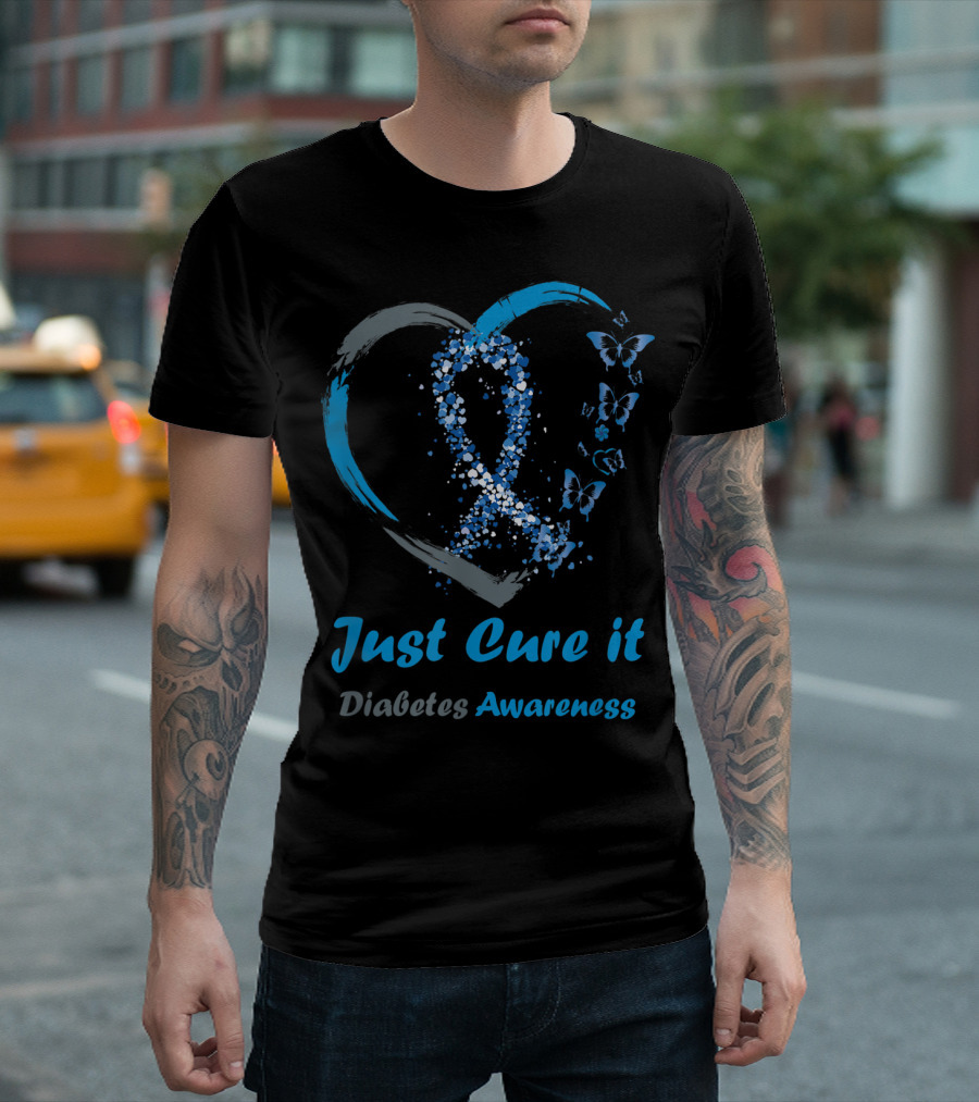 Just Cure It Diabetes Awareness Blue Ribbon Heart With Butterflies T-Shirt