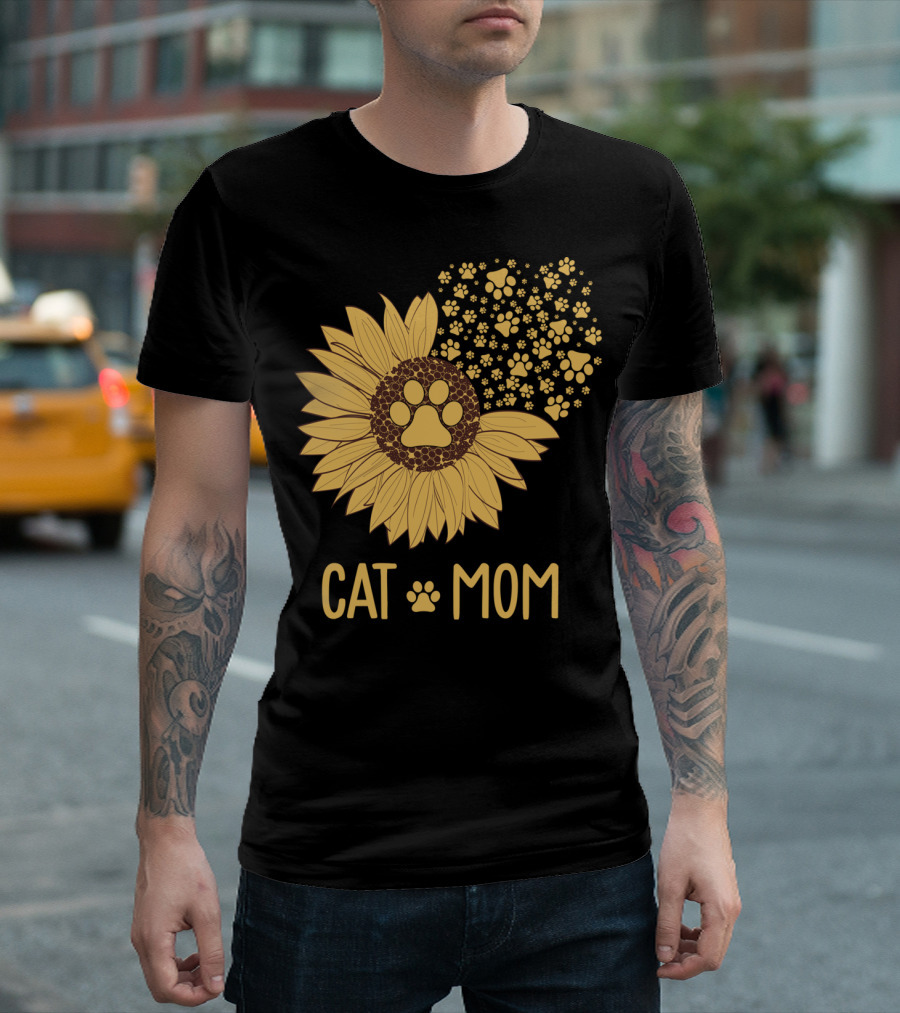 Cat Mom Sunflower Paw Print Blossoms T-Shirt