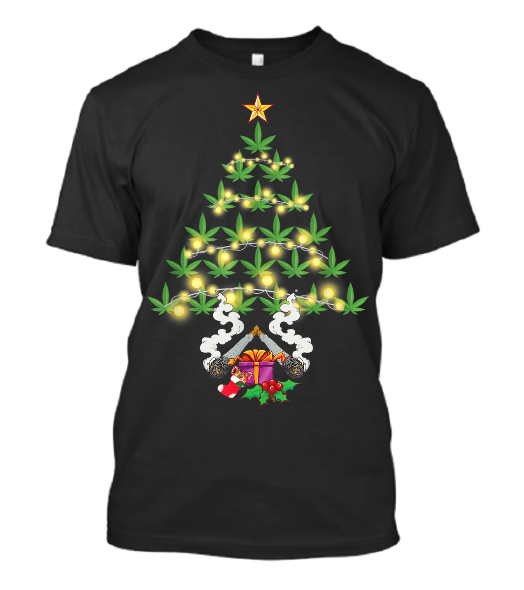 Cannabis Christmas Tree Marijuana Weed Leaf Lights Smoke Present Stocking Holly Star T-Shirt
