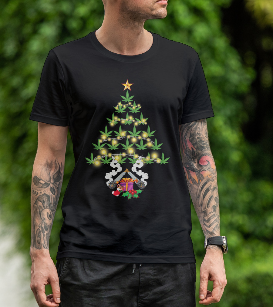 Cannabis Christmas Tree Marijuana Weed Leaf Lights Smoke Present Stocking Holly Star T-Shirt