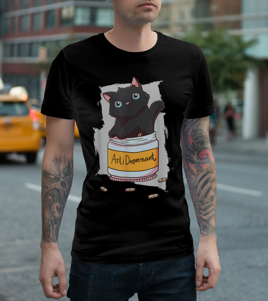 Cat in Antidepressant Bottle with Pills T-Shirt