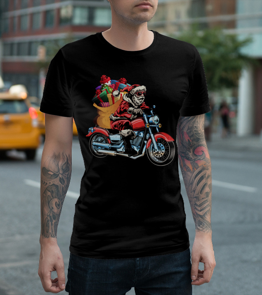 Santa Riding Motorcycle With Presents Festive Christmas Delivery T-Shirt