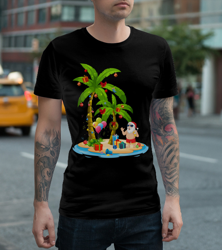 Christmas Santa Celebrating On Tropical Palm Island T-Shirt