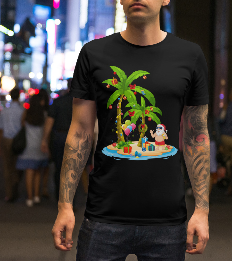 Christmas Santa Celebrating On Tropical Palm Island T-Shirt