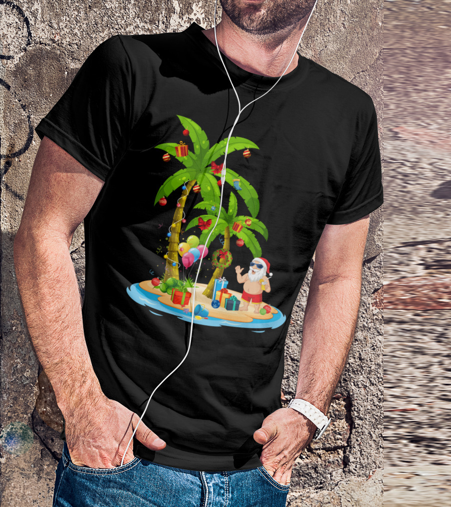 Christmas Santa Celebrating On Tropical Palm Island T-Shirt
