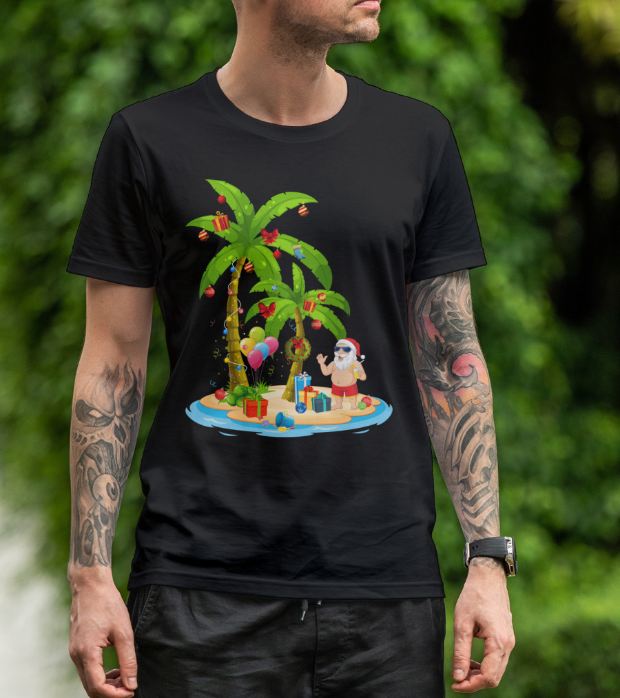 Christmas Santa Celebrating On Tropical Palm Island T-Shirt