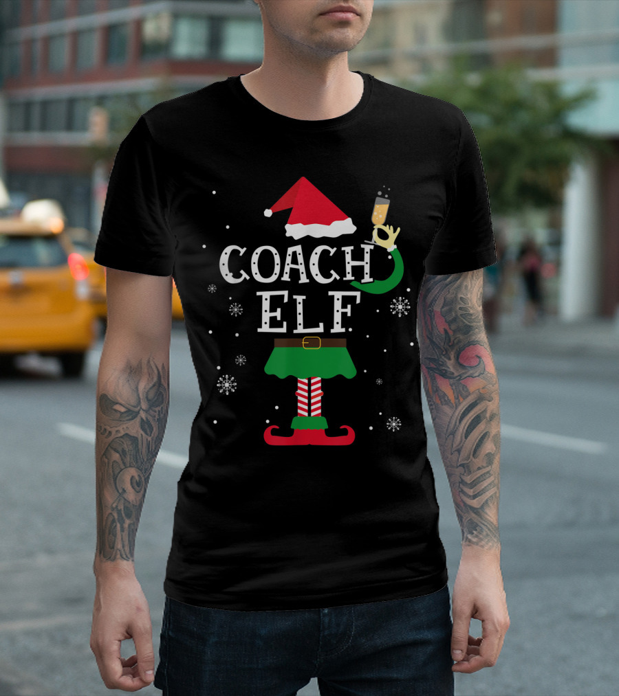 COACH ELF Santa Hat Festive Attire with Drink and Snowflakes T-Shirt