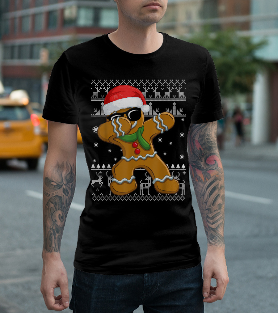 Cool Gingerbread Dabbing Ugly Christmas T-Shirt