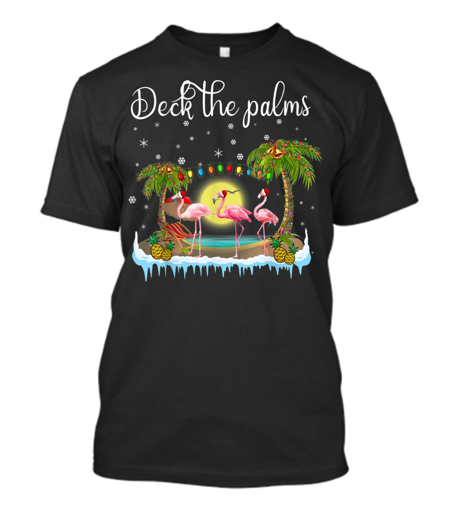 Deck The Palms Christmas Flamingo Under Tropical Lights T-Shirt
