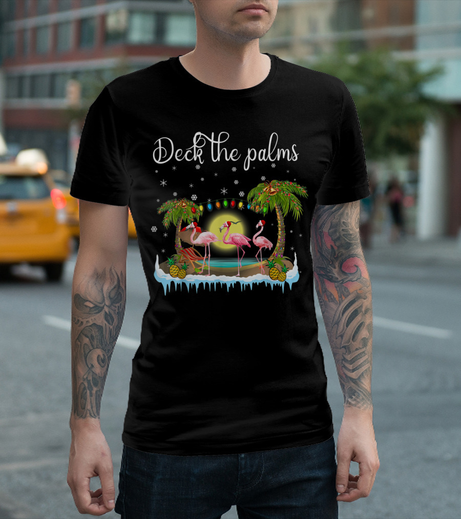 Deck The Palms Christmas Flamingo Under Tropical Lights T-Shirt