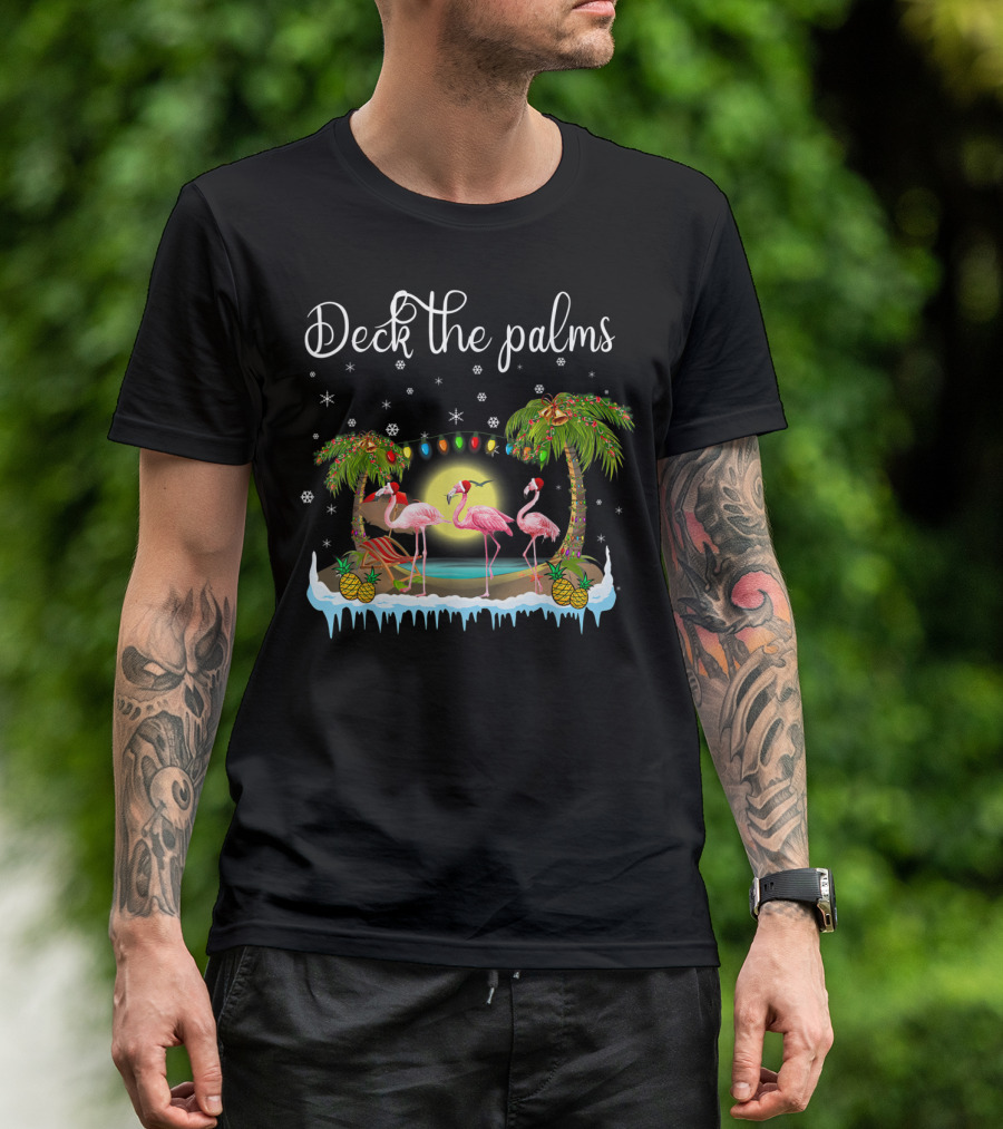 Deck The Palms Christmas Flamingo Under Tropical Lights T-Shirt