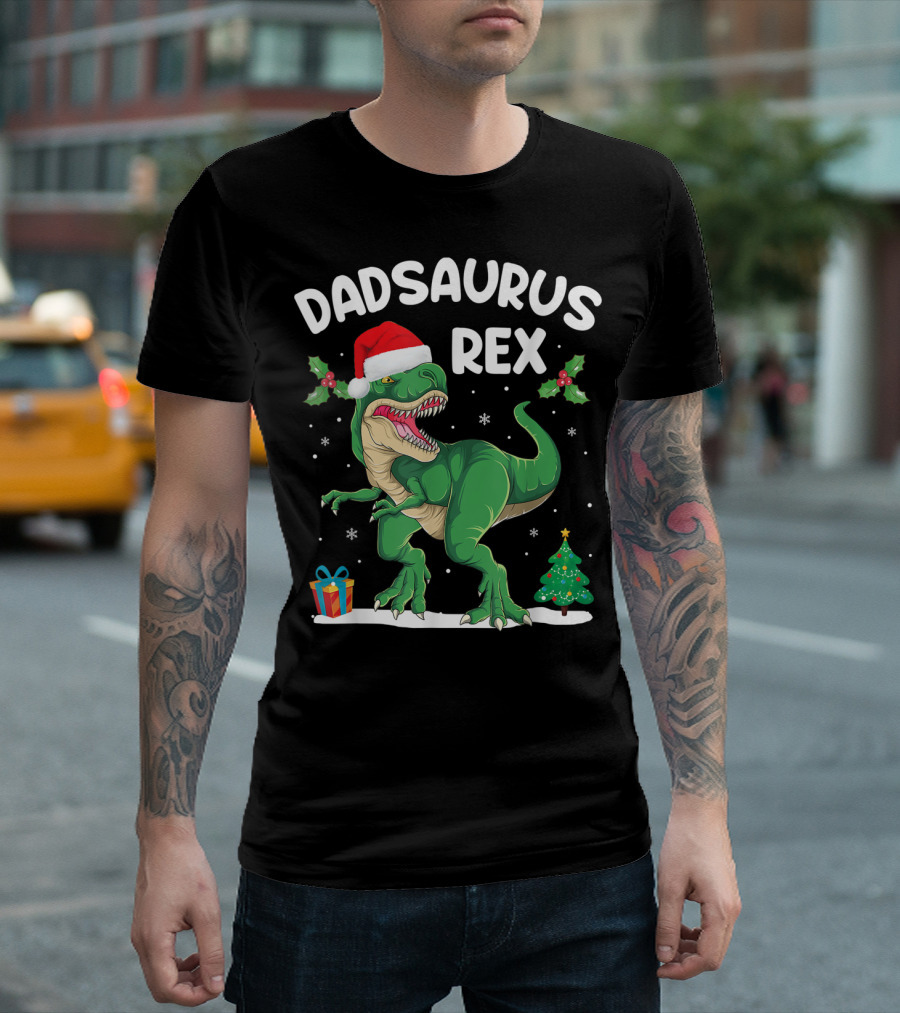 Dadsaurus Rex Santa Hat Christmas Tree Snowflakes T-Shirt